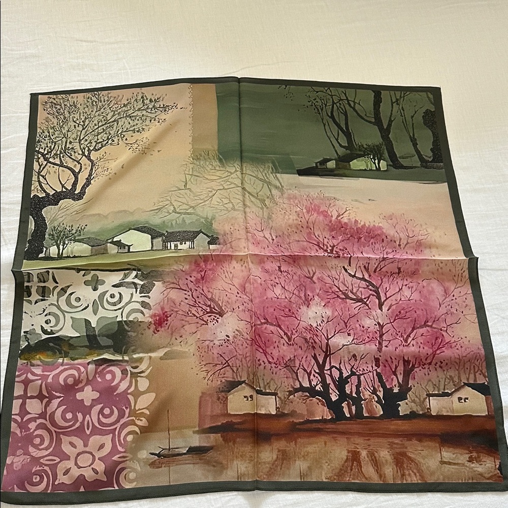 New 100% silk 25.5inch square Artistic Silk Scarf with Pink and Green Landscape